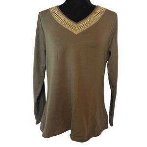 NWT Denim and Company Olive Green Embroidered V Neckline Long Sleeve Top Size M